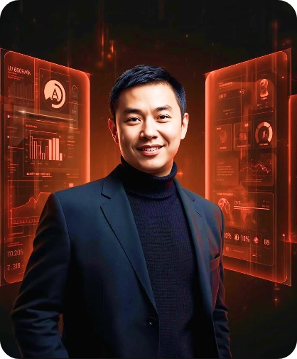Smiling man in a black turtleneck and blazer standing between two glowing orange digital interfaces with graphs and data.